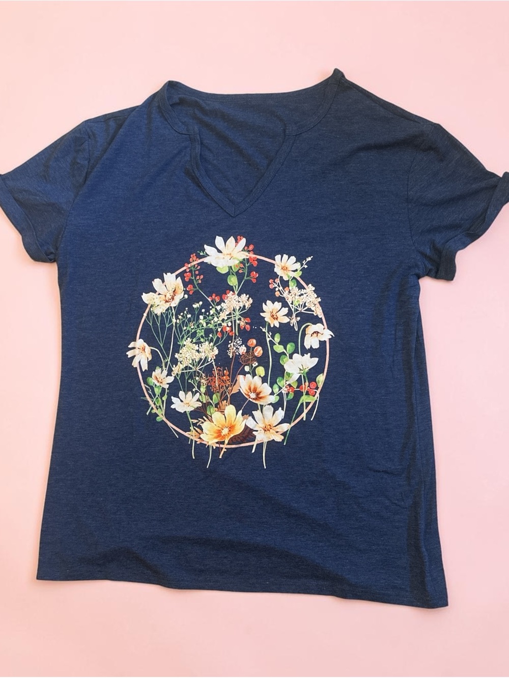 Floral Circle V-Neck Tee - Navy